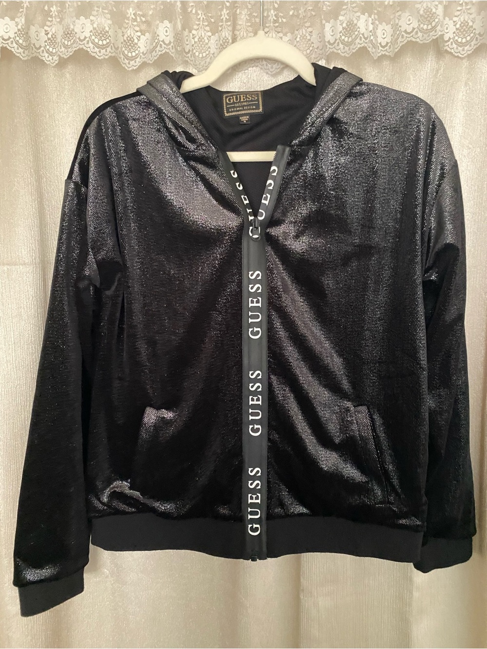 GUESS Girls Size 16 Metallic Black Shiny Full Zip Hoodie Y2K Jacket